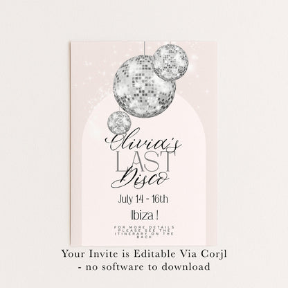 Last Disco Bachelorette Invitation with Itinerary Template Editable Hen Party Weekend Invite Pink Disco Ball Ibiza Theme Digital Download