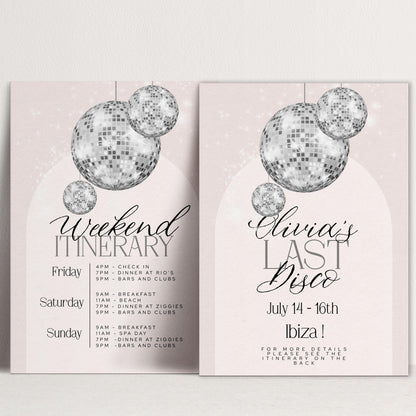 Last Disco Bachelorette Invitation with Itinerary Template Editable Hen Party Weekend Invite Pink Disco Ball Ibiza Theme Digital Download