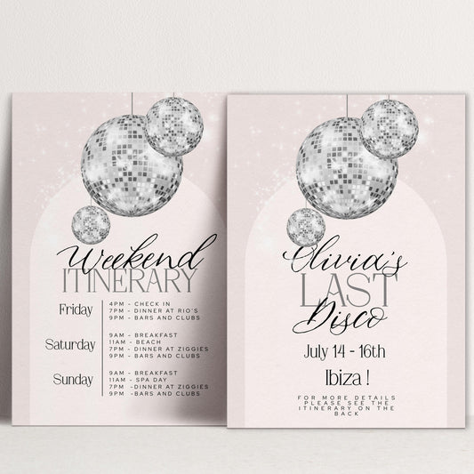 Last Disco Bachelorette Invitation with Itinerary Template Editable Hen Party Weekend Invite Pink Disco Ball Ibiza Theme Digital Download