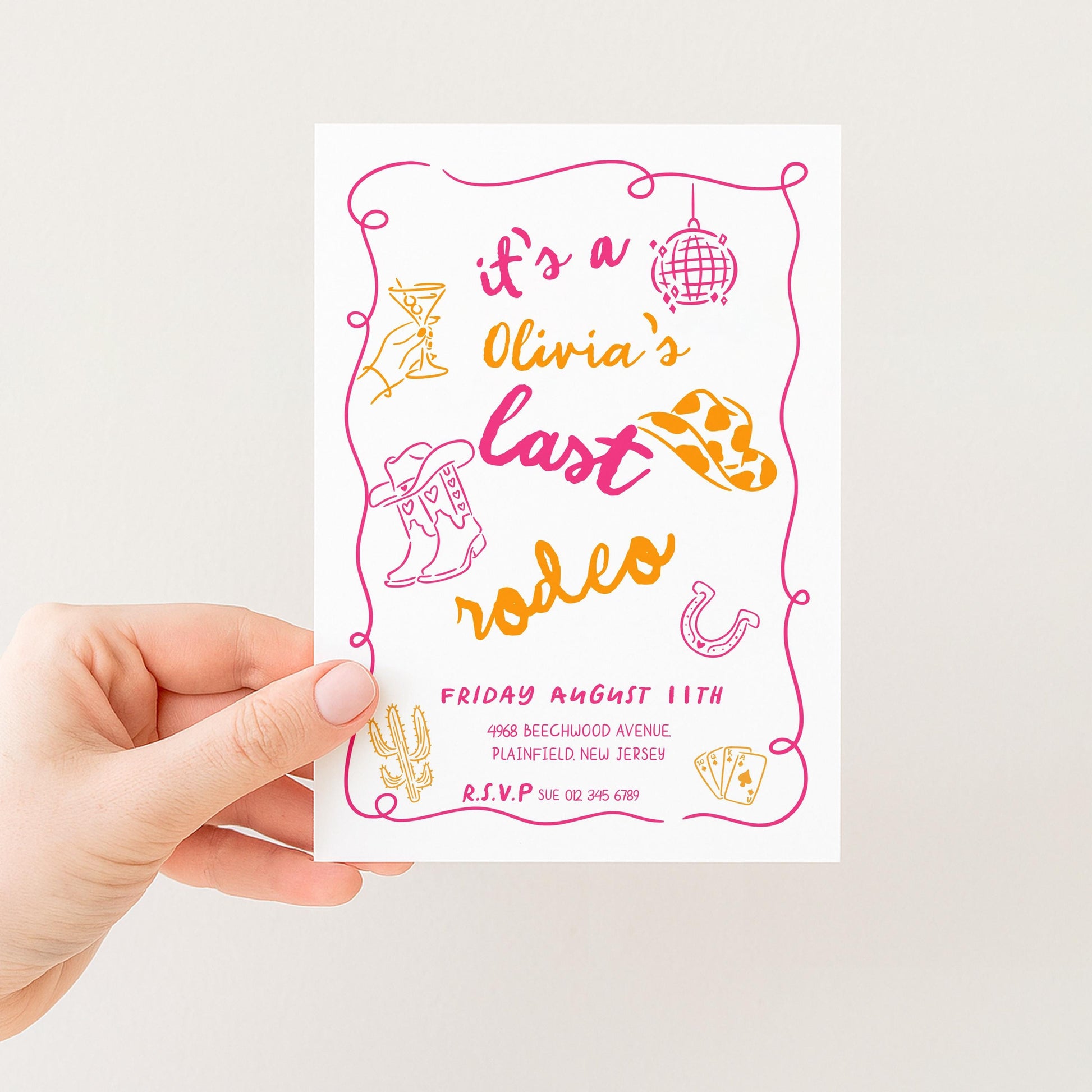 Last Rodeo Bridal Shower Invite, Editable Western Bachelorette Invitation Doodle Cowgirl Theme Pink & Orange Corjl Template Digital Download
