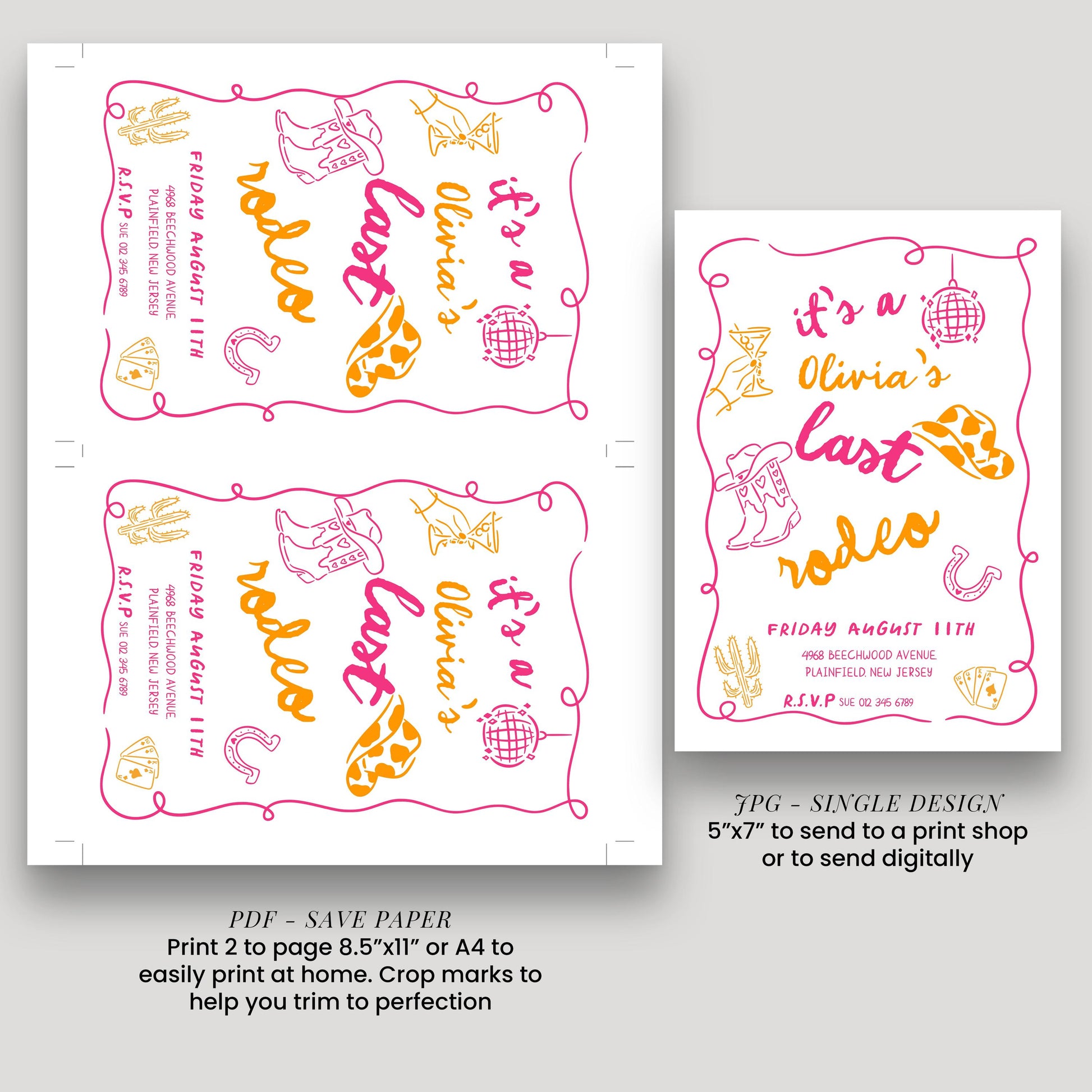 Last Rodeo Bridal Shower Invite, Editable Western Bachelorette Invitation Doodle Cowgirl Theme Pink & Orange Corjl Template Digital Download