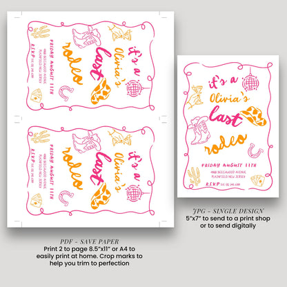 Last Rodeo Bridal Shower Invite, Editable Western Bachelorette Invitation Doodle Cowgirl Theme Pink & Orange Corjl Template Digital Download