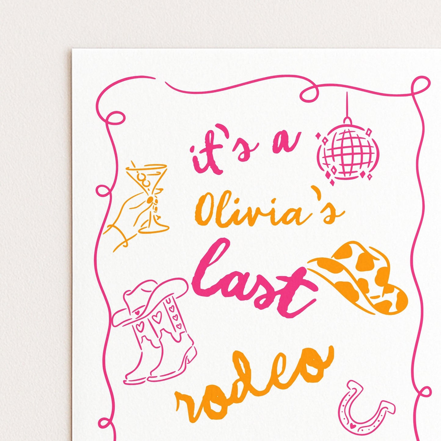 Last Rodeo Bridal Shower Invite, Editable Western Bachelorette Invitation Doodle Cowgirl Theme Pink & Orange Corjl Template Digital Download