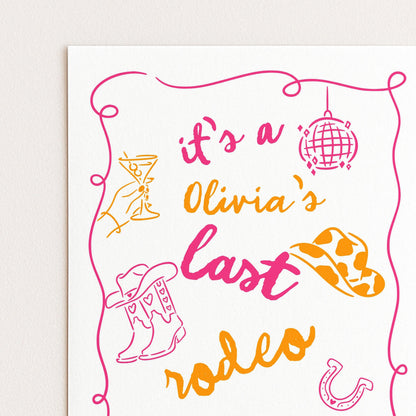 Last Rodeo Bridal Shower Invite, Editable Western Bachelorette Invitation Doodle Cowgirl Theme Pink & Orange Corjl Template Digital Download
