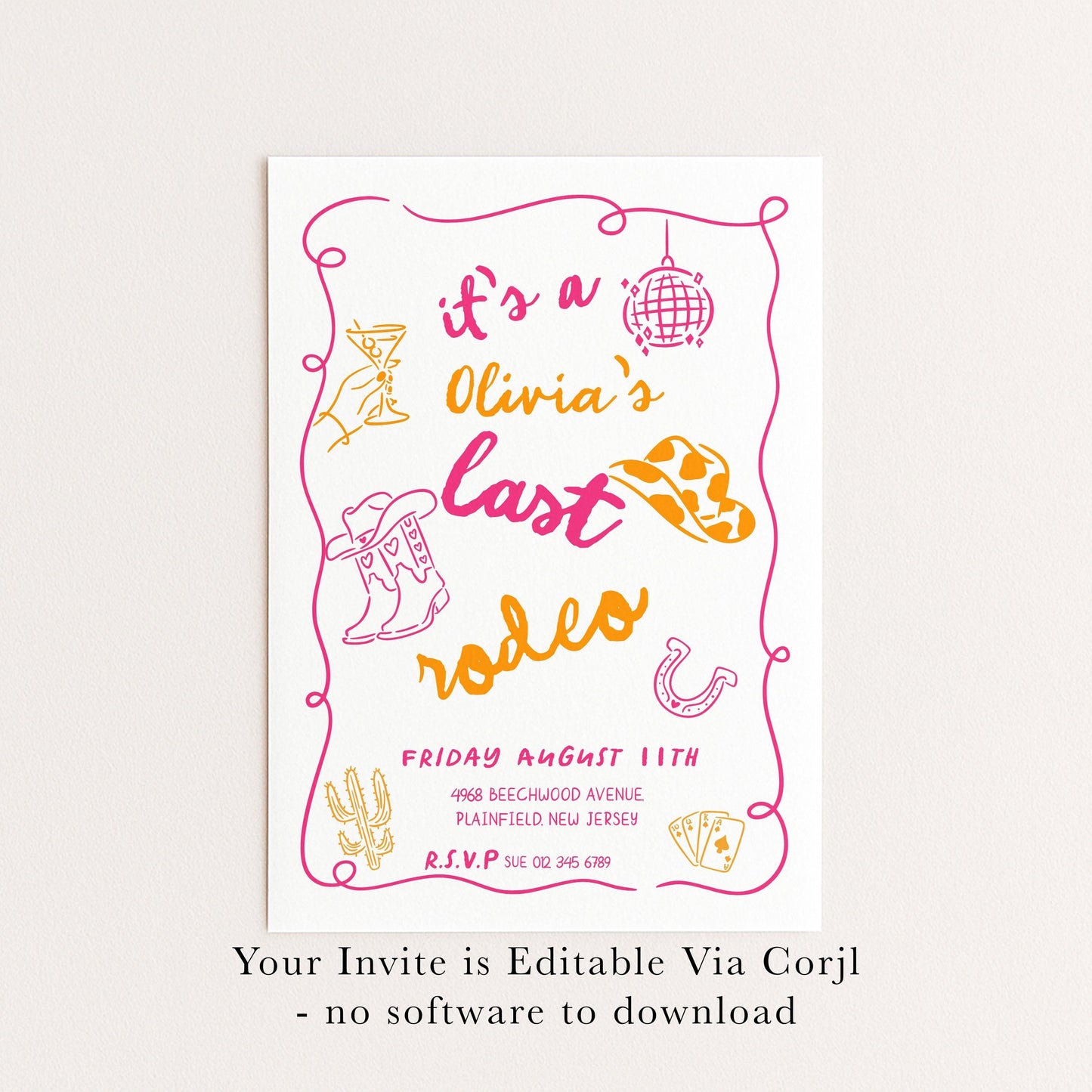 Last Rodeo Bridal Shower Invite, Editable Western Bachelorette Invitation Doodle Cowgirl Theme Pink & Orange Corjl Template Digital Download