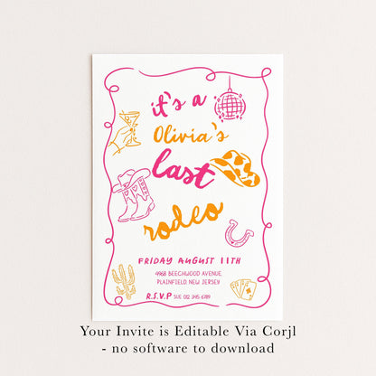 Last Rodeo Bridal Shower Invite, Editable Western Bachelorette Invitation Doodle Cowgirl Theme Pink & Orange Corjl Template Digital Download