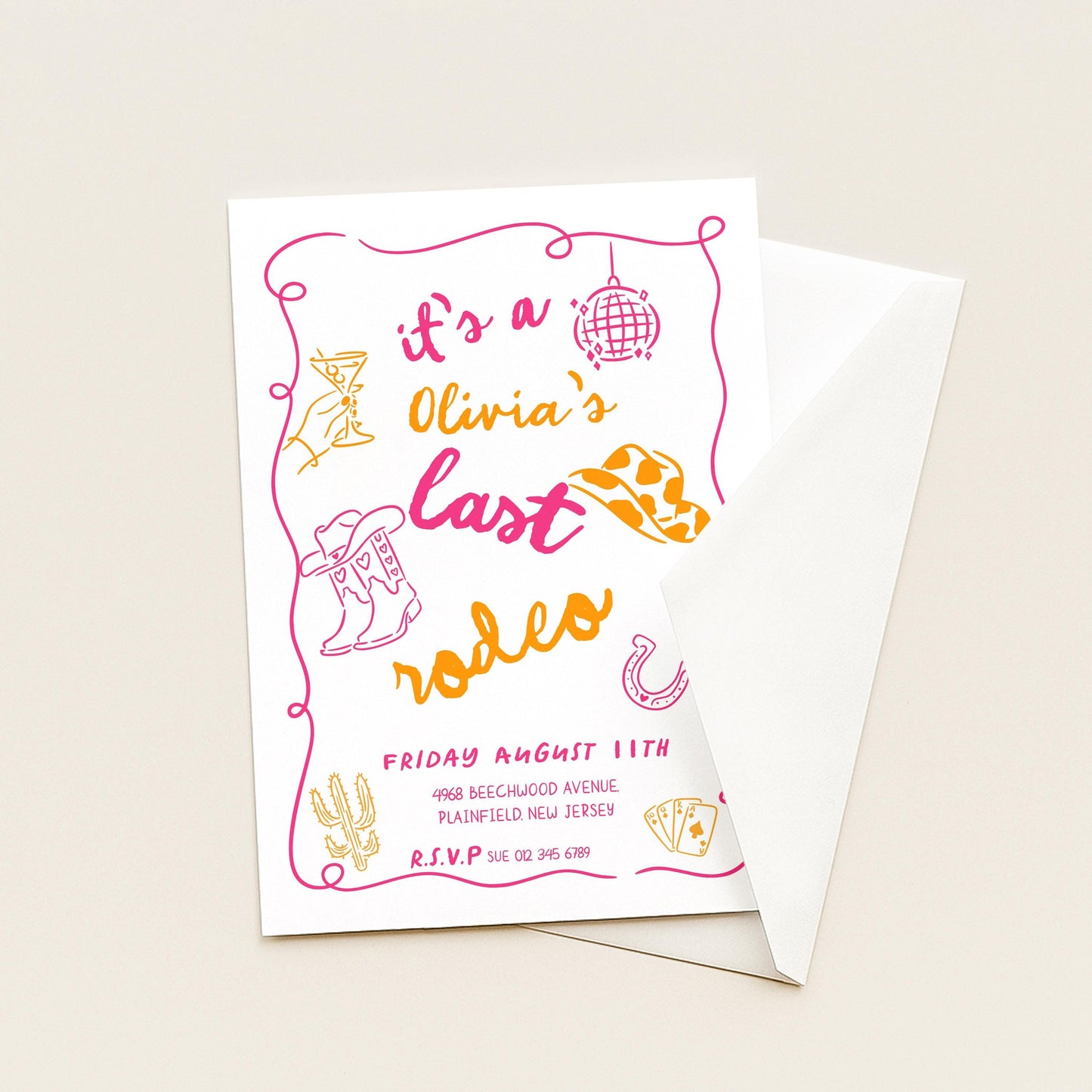 Last Rodeo Bridal Shower Invite, Editable Western Bachelorette Invitation Doodle Cowgirl Theme Pink & Orange Corjl Template Digital Download