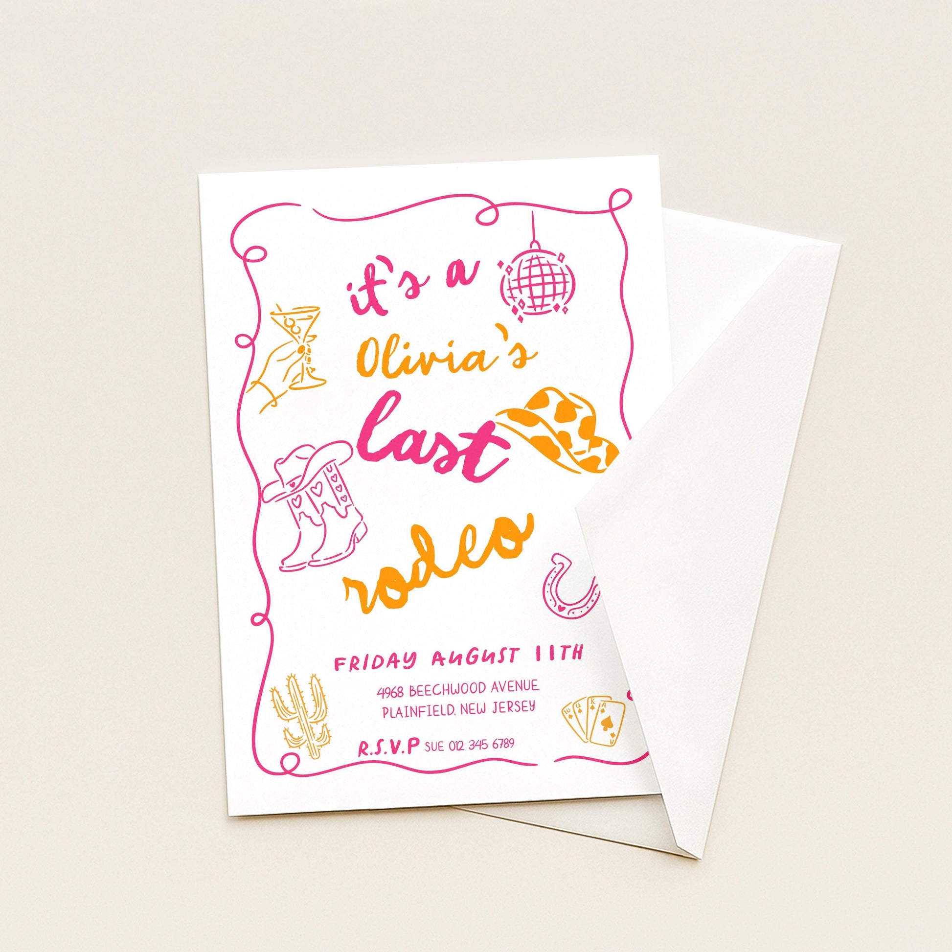 Last Rodeo Bridal Shower Invite, Editable Western Bachelorette Invitation Doodle Cowgirl Theme Pink & Orange Corjl Template Digital Download