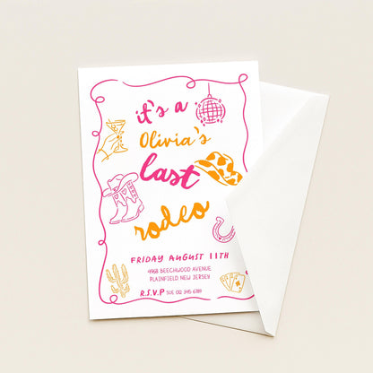 Last Rodeo Bridal Shower Invite, Editable Western Bachelorette Invitation Doodle Cowgirl Theme Pink & Orange Corjl Template Digital Download