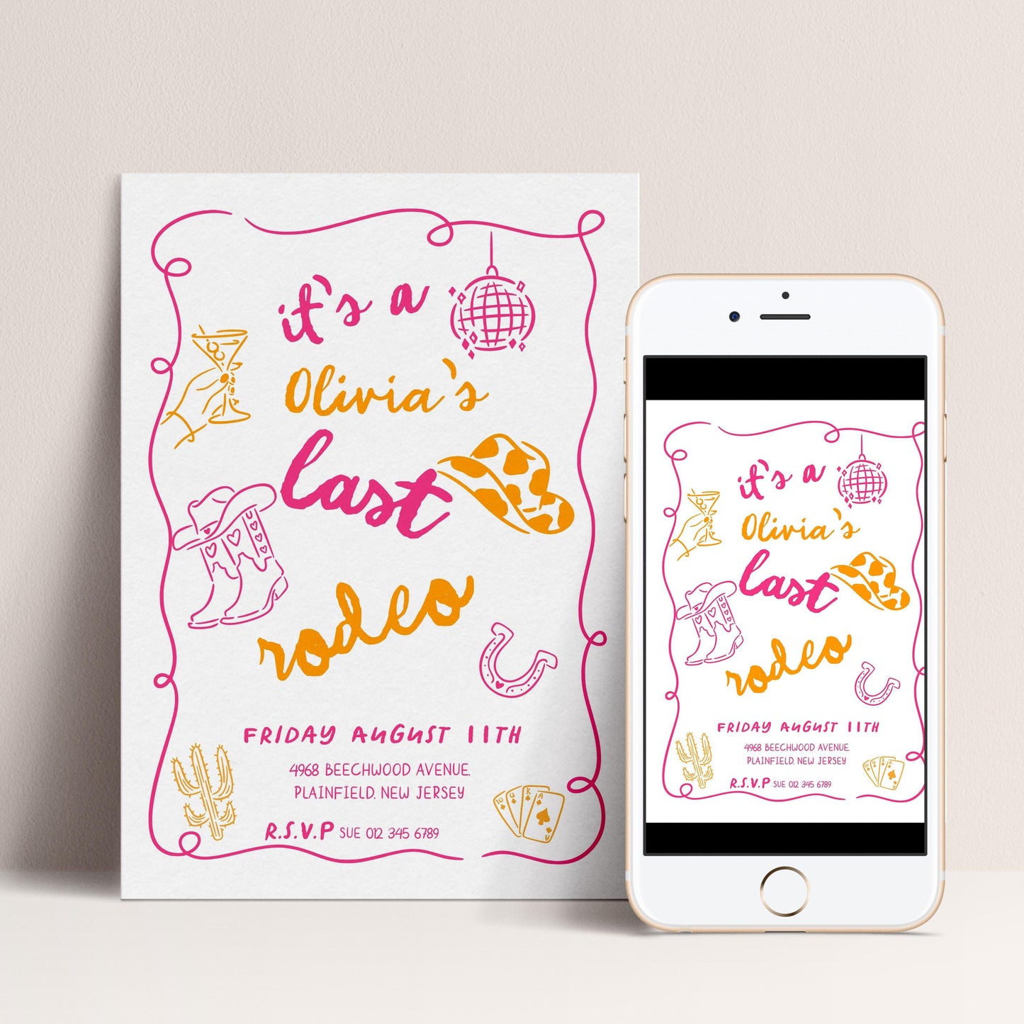 Last Rodeo Bridal Shower Invite, Editable Western Bachelorette Invitation Doodle Cowgirl Theme Pink & Orange Corjl Template Digital Download