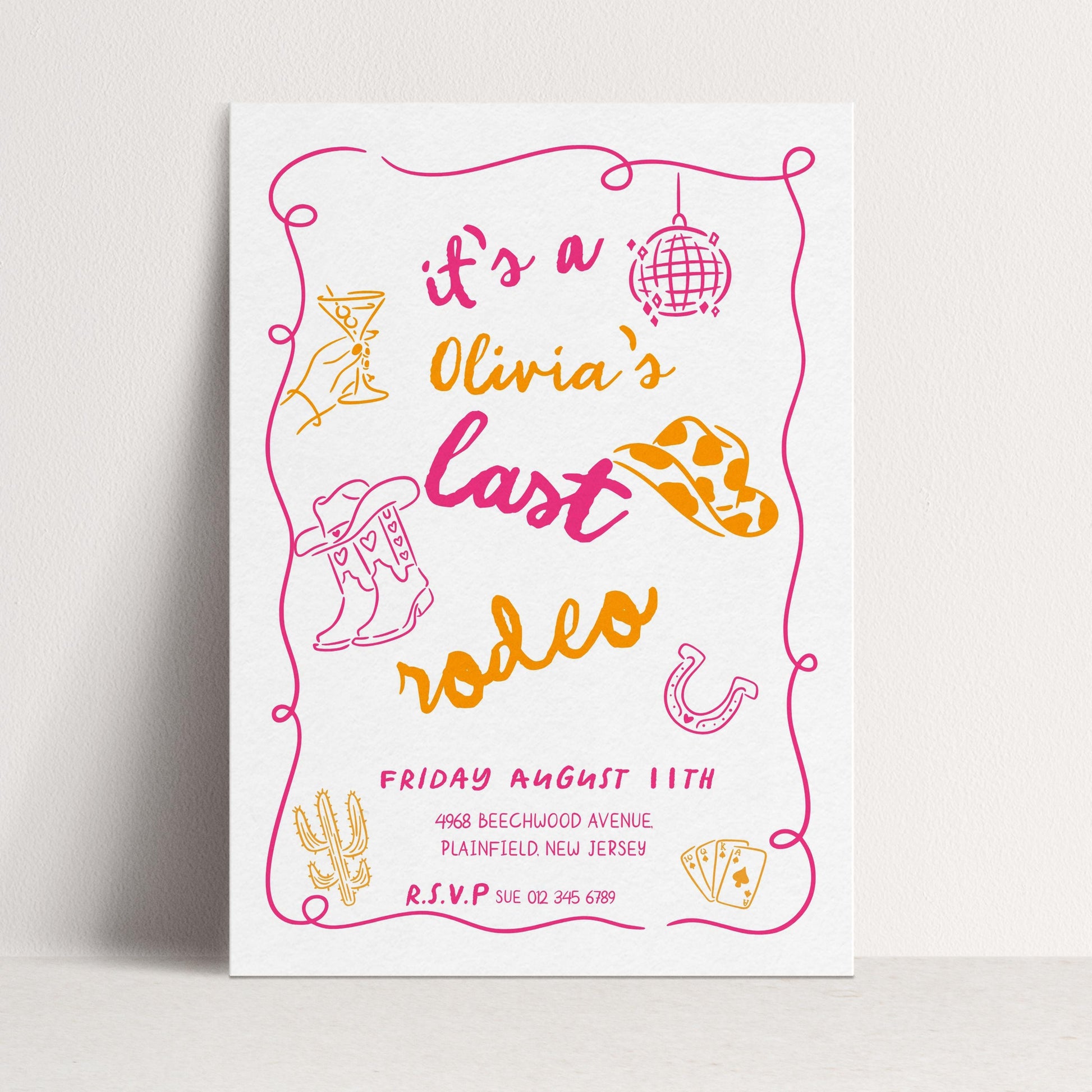 Last Rodeo Bridal Shower Invite, Editable Western Bachelorette Invitation Doodle Cowgirl Theme Pink & Orange Corjl Template Digital Download