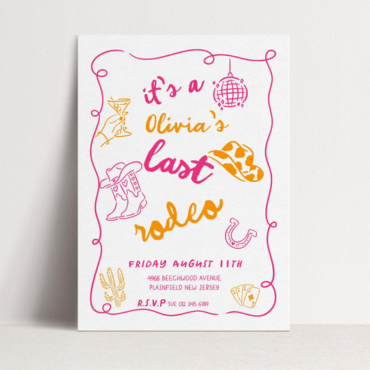Last Rodeo Bridal Shower Invite, Editable Western Bachelorette Invitation Doodle Cowgirl Theme Pink & Orange Corjl Template Digital Download