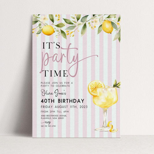 Lemon Birthday Invitation Stripe, Summer Birthday Party Invite, Citrus Party Invite, Editable Template LM89