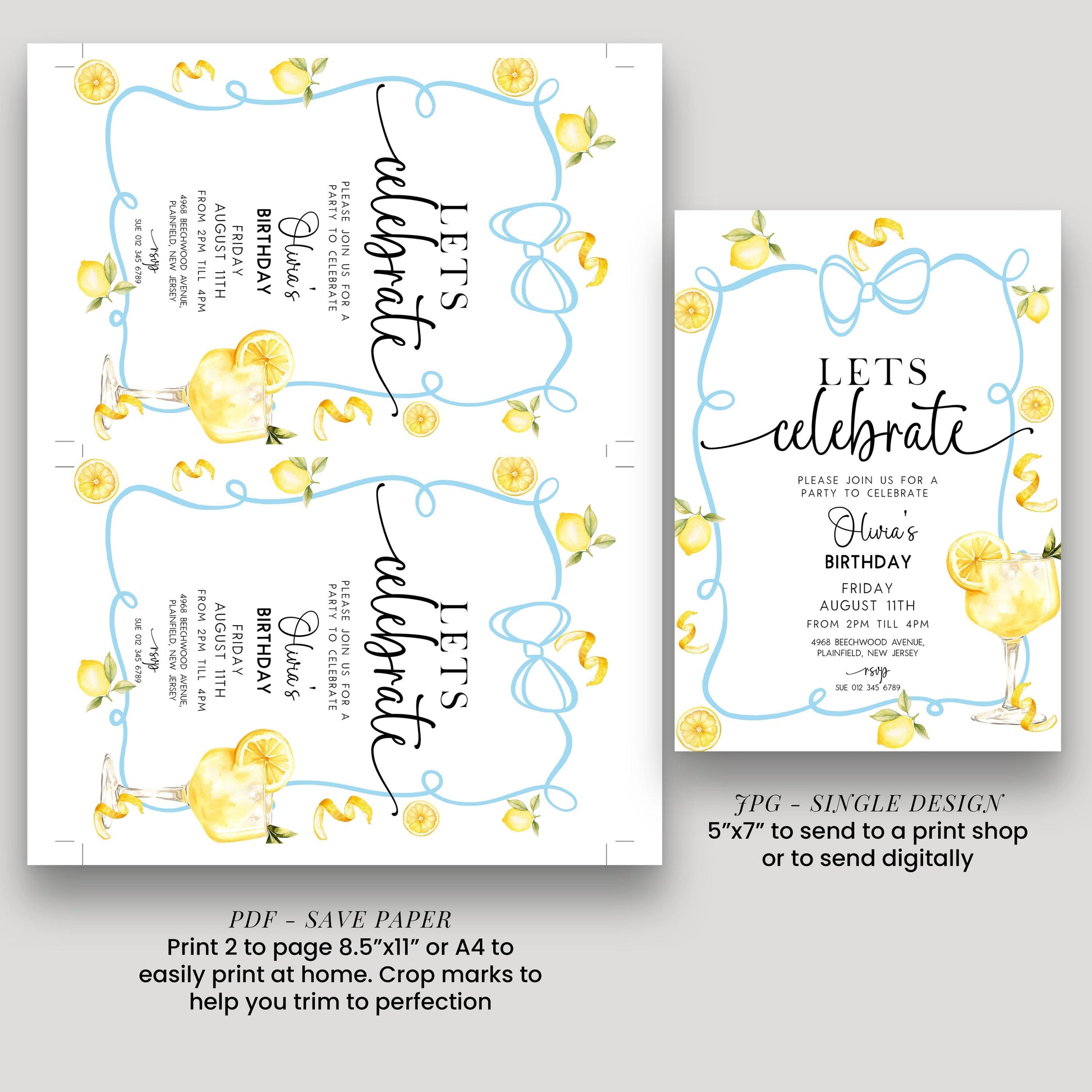 Lemon Birthday Invitation Summer Party Invite, Citrus Birthday Theme, Fresh Lemon Party Invite, Editable Template LM89