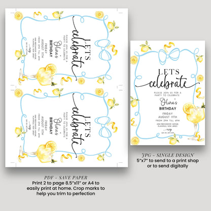 Lemon Birthday Invitation Summer Party Invite, Citrus Birthday Theme, Fresh Lemon Party Invite, Editable Template LM89