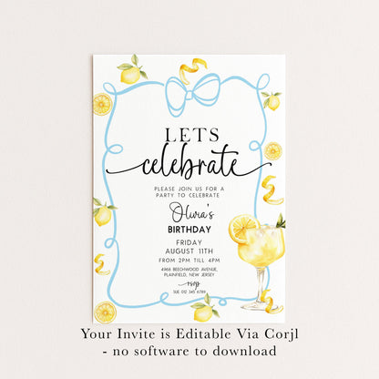 Lemon Birthday Invitation Summer Party Invite, Citrus Birthday Theme, Fresh Lemon Party Invite, Editable Template LM89