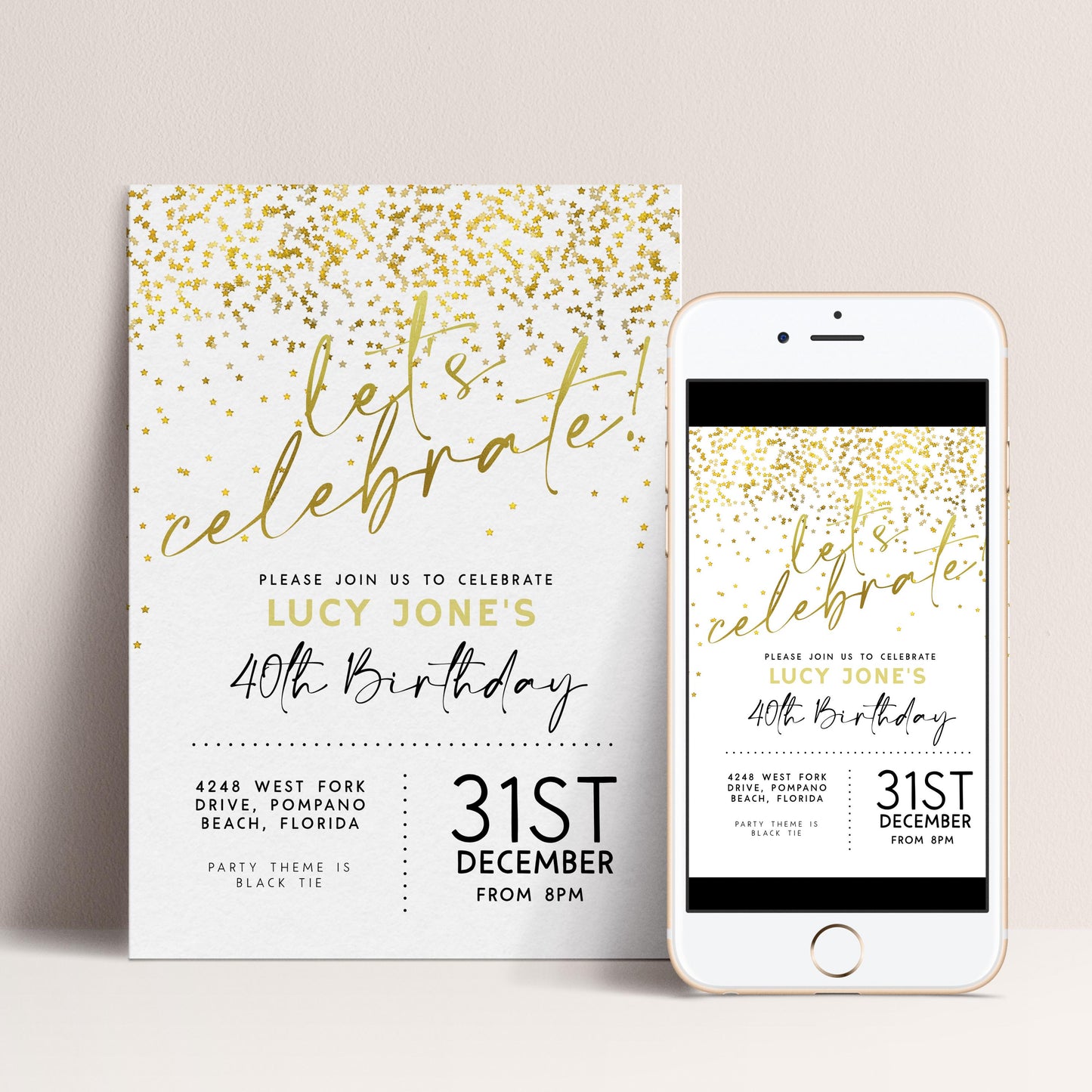The image is a birthday party invitation for Lucy Jones' 40th birthday celebration. The invitation is designed with a gold glitter theme and features text and details about the party, including the date, time, location, and party theme.