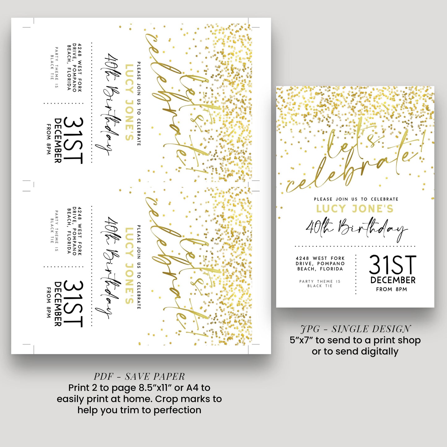 a birthday party invitation for Lucy Jones' 40th birthday celebration. The invitation is designed in a gold and white color scheme with a glittery gold effect. It includes details about the event, such as the date, time, location, and RSVP information. The invitation also provides instructions for sending a print or digital copy, as well as a size option for a single design or a larger print.