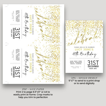 a birthday party invitation for Lucy Jones' 40th birthday celebration. The invitation is designed in a gold and white color scheme with a glittery gold effect. It includes details about the event, such as the date, time, location, and RSVP information. The invitation also provides instructions for sending a print or digital copy, as well as a size option for a single design or a larger print.