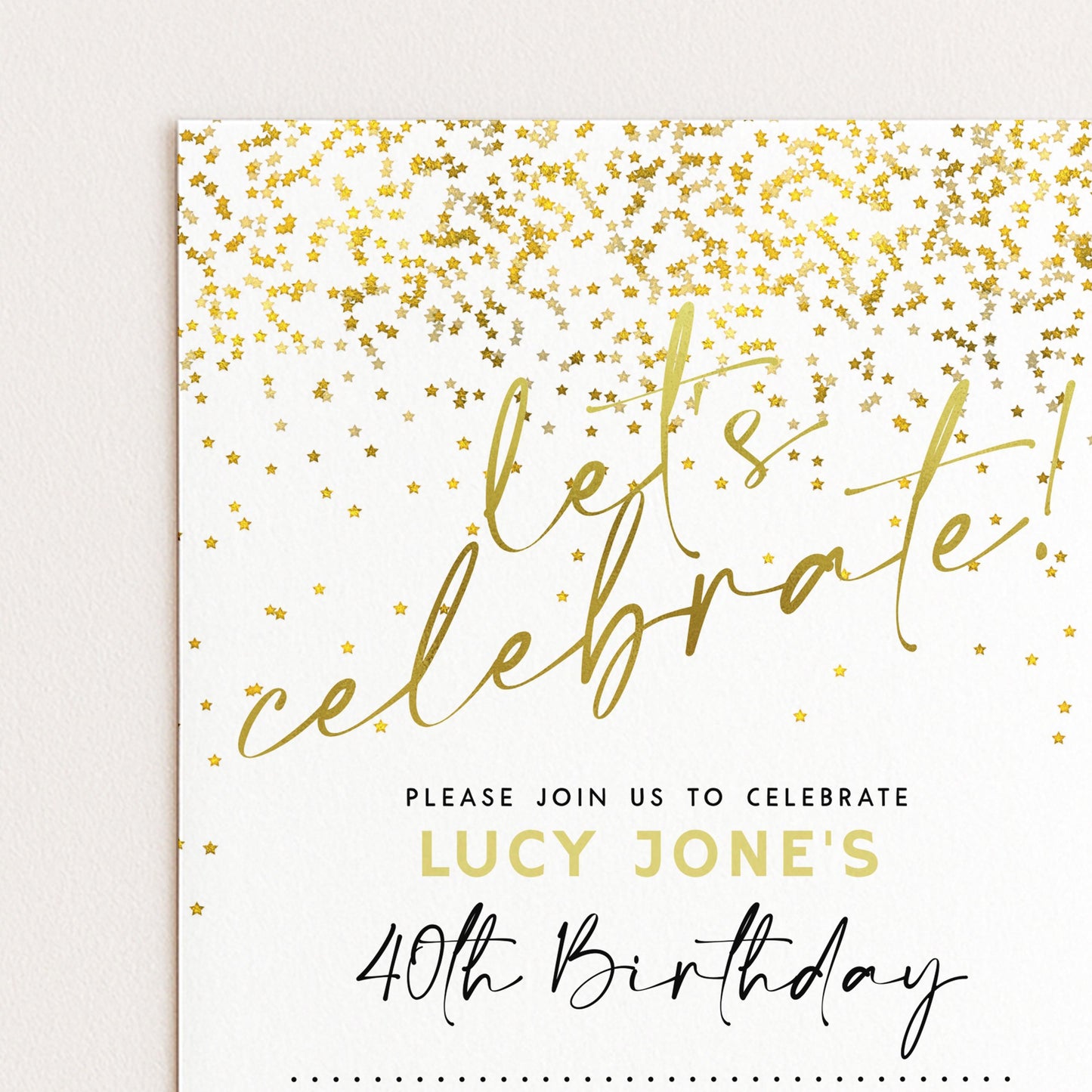 The image is a birthday invitation for Lucy Jones' 40th birthday celebration.