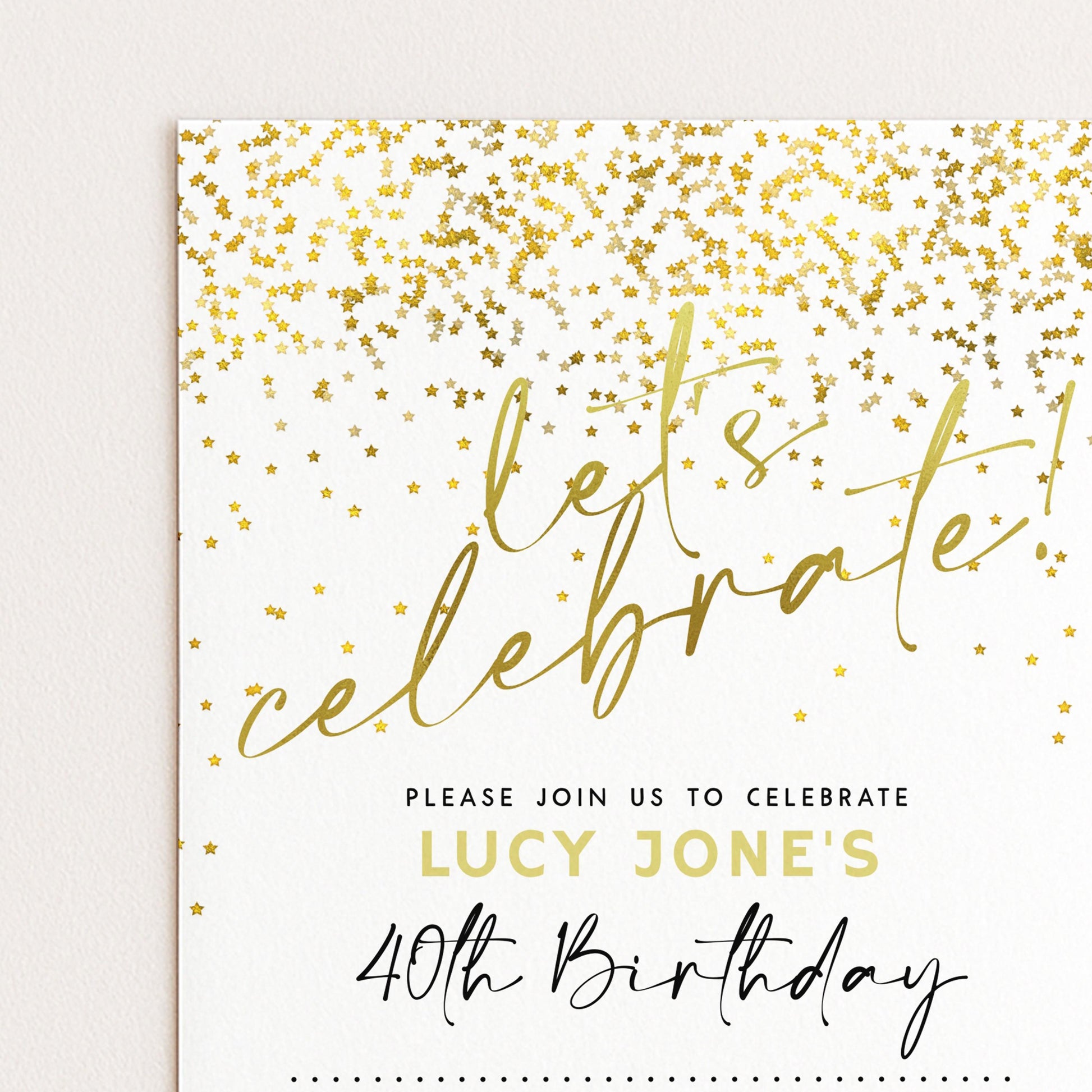 The image is a birthday invitation for Lucy Jones' 40th birthday celebration.