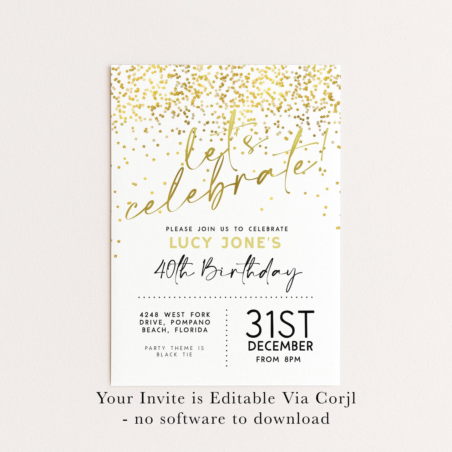 The image is a birthday party invitation for Lucy Jones' 40th birthday celebration. It features a gold glitter design and text inviting guests to join the party.