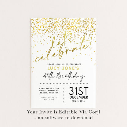 The image is a birthday party invitation for Lucy Jones' 40th birthday celebration. It features a gold glitter design and text inviting guests to join the party.