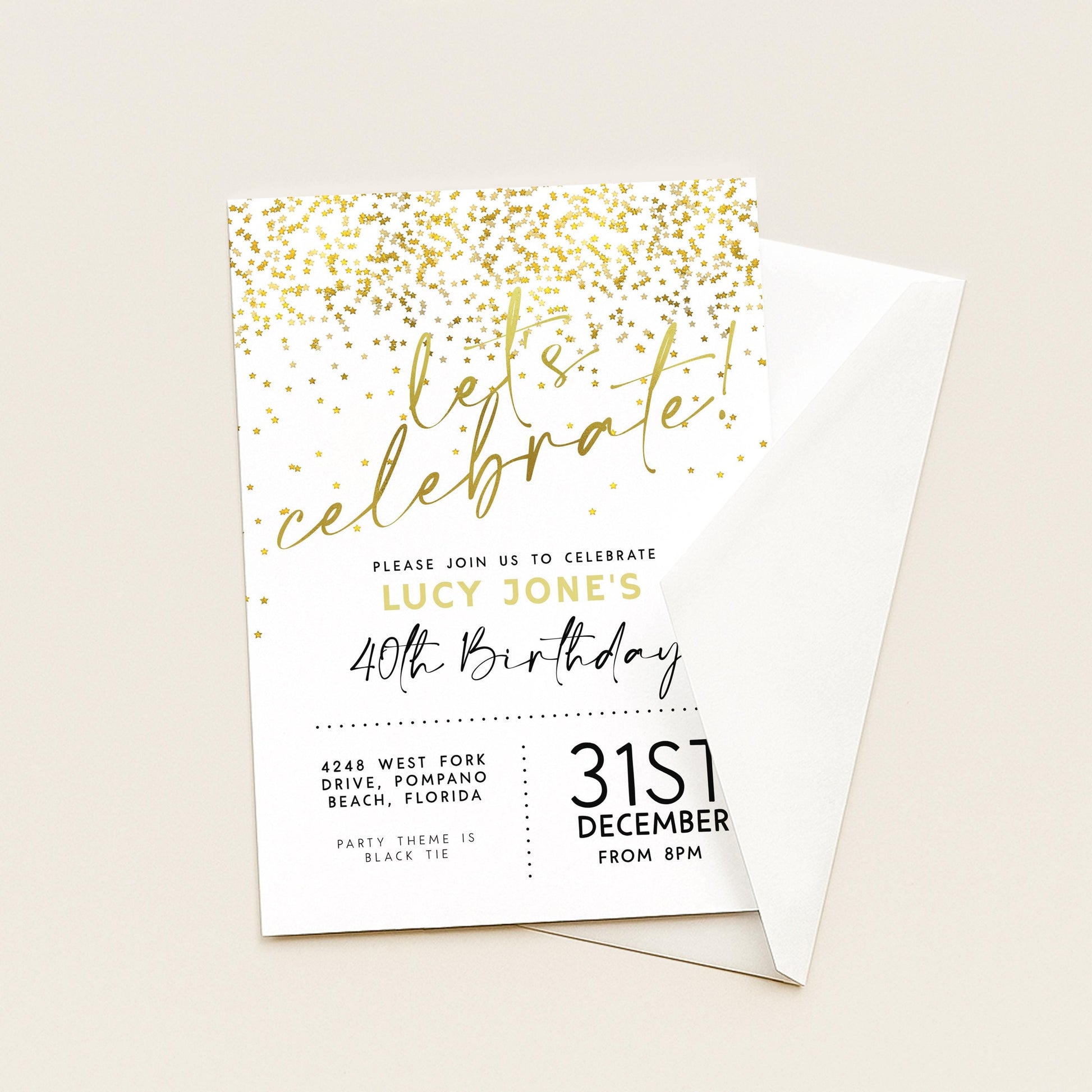 The image is a birthday invitation for Lucy Jones' 40th birthday celebration.