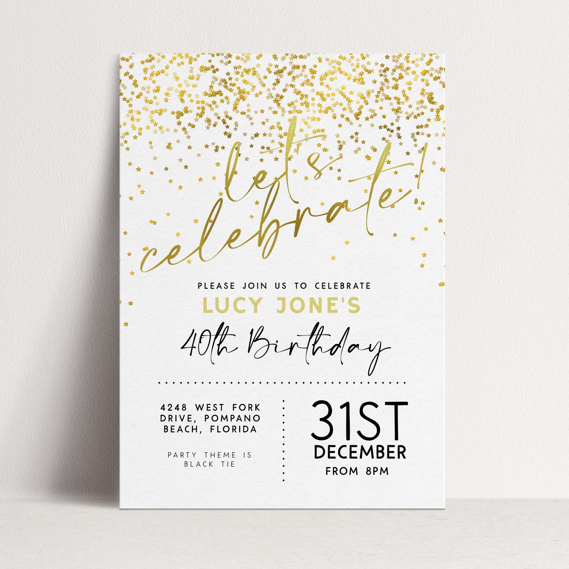 The image is a birthday party invitation for Lucy Jones' 40th birthday celebration.
