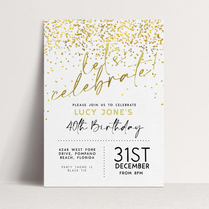The image is a birthday party invitation for Lucy Jones' 40th birthday celebration.