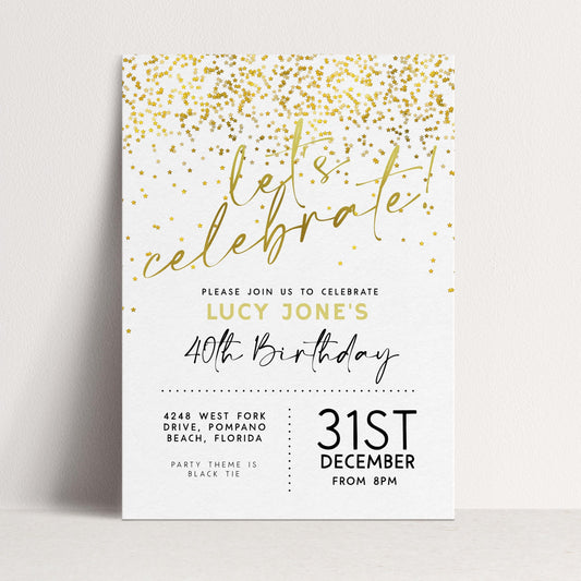 The image is a birthday party invitation for Lucy Jones' 40th birthday celebration.