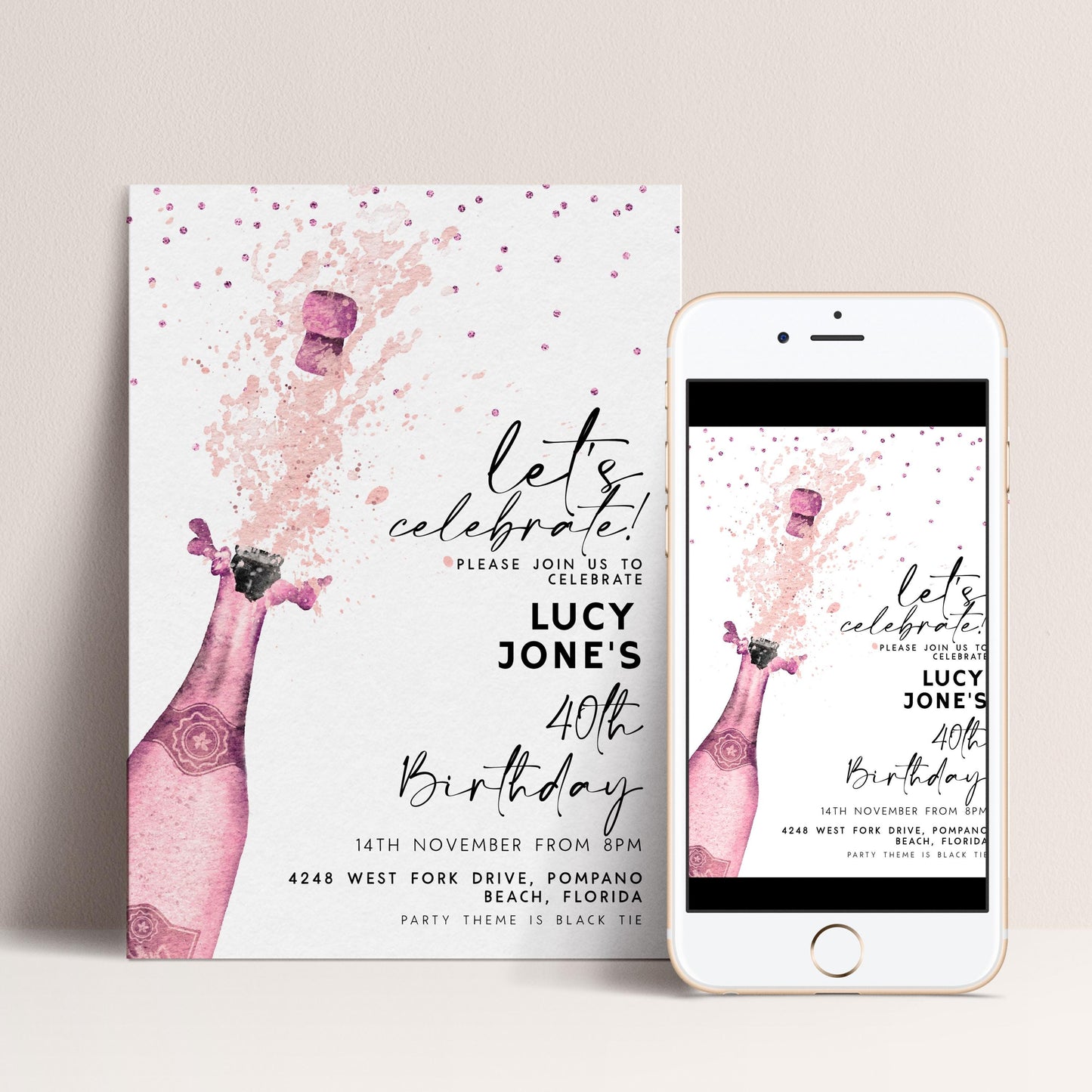 Editable Let's Celebrate Birthday Invitation, Pink Champagne Printable Birthday Invite for Women, Downloadable Party Template CH90