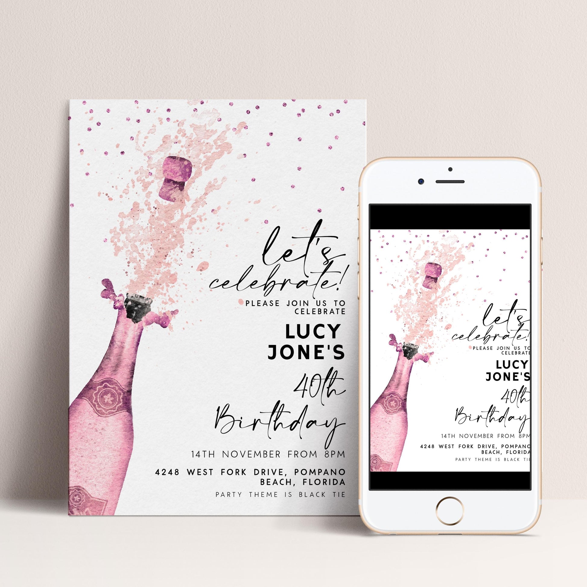 Editable Let's Celebrate Birthday Invitation, Pink Champagne Printable Birthday Invite for Women, Downloadable Party Template CH90