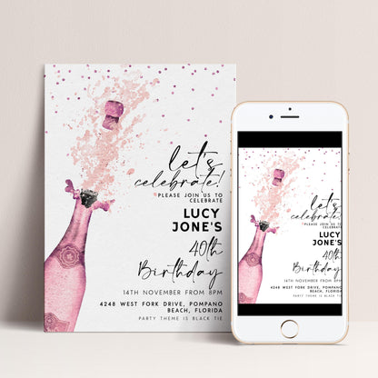 Editable Let's Celebrate Birthday Invitation, Pink Champagne Printable Birthday Invite for Women, Downloadable Party Template CH90