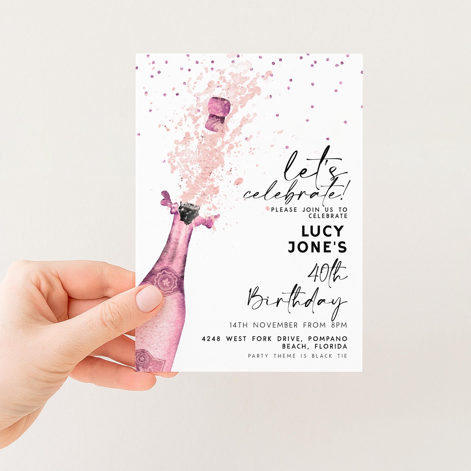 Editable Let's Celebrate Birthday Invitation, Pink Champagne Printable Birthday Invite for Women, Downloadable Party Template CH90
