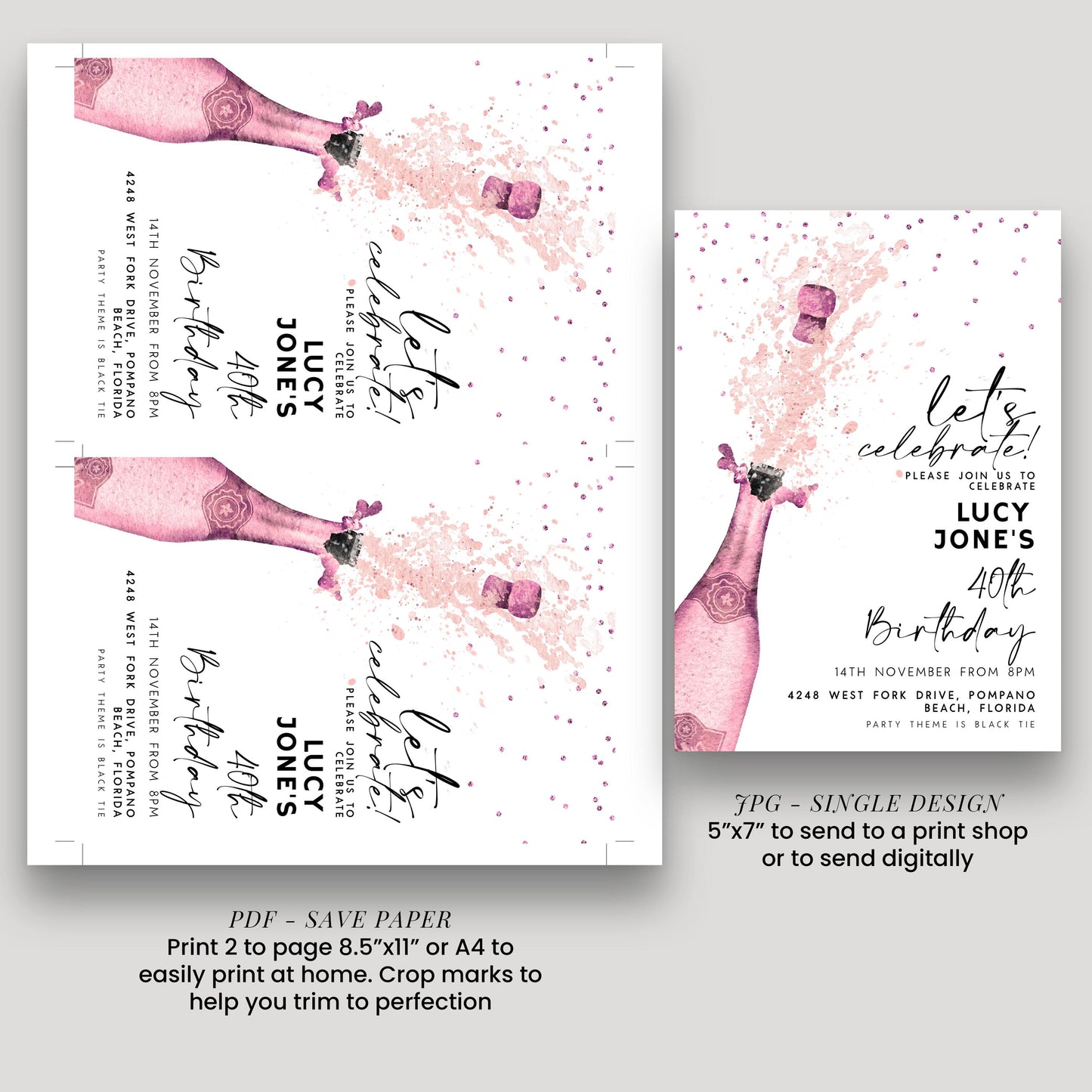 Editable Let's Celebrate Birthday Invitation, Pink Champagne Printable Birthday Invite for Women, Downloadable Party Template CH90
