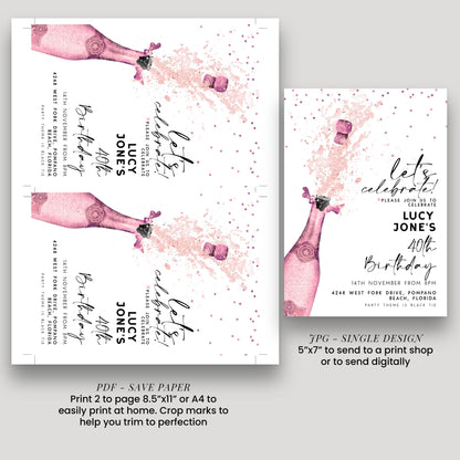 Editable Let's Celebrate Birthday Invitation, Pink Champagne Printable Birthday Invite for Women, Downloadable Party Template CH90