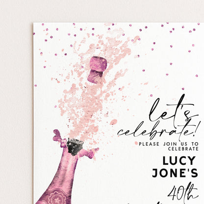 Editable Let's Celebrate Birthday Invitation, Pink Champagne Printable Birthday Invite for Women, Downloadable Party Template CH90