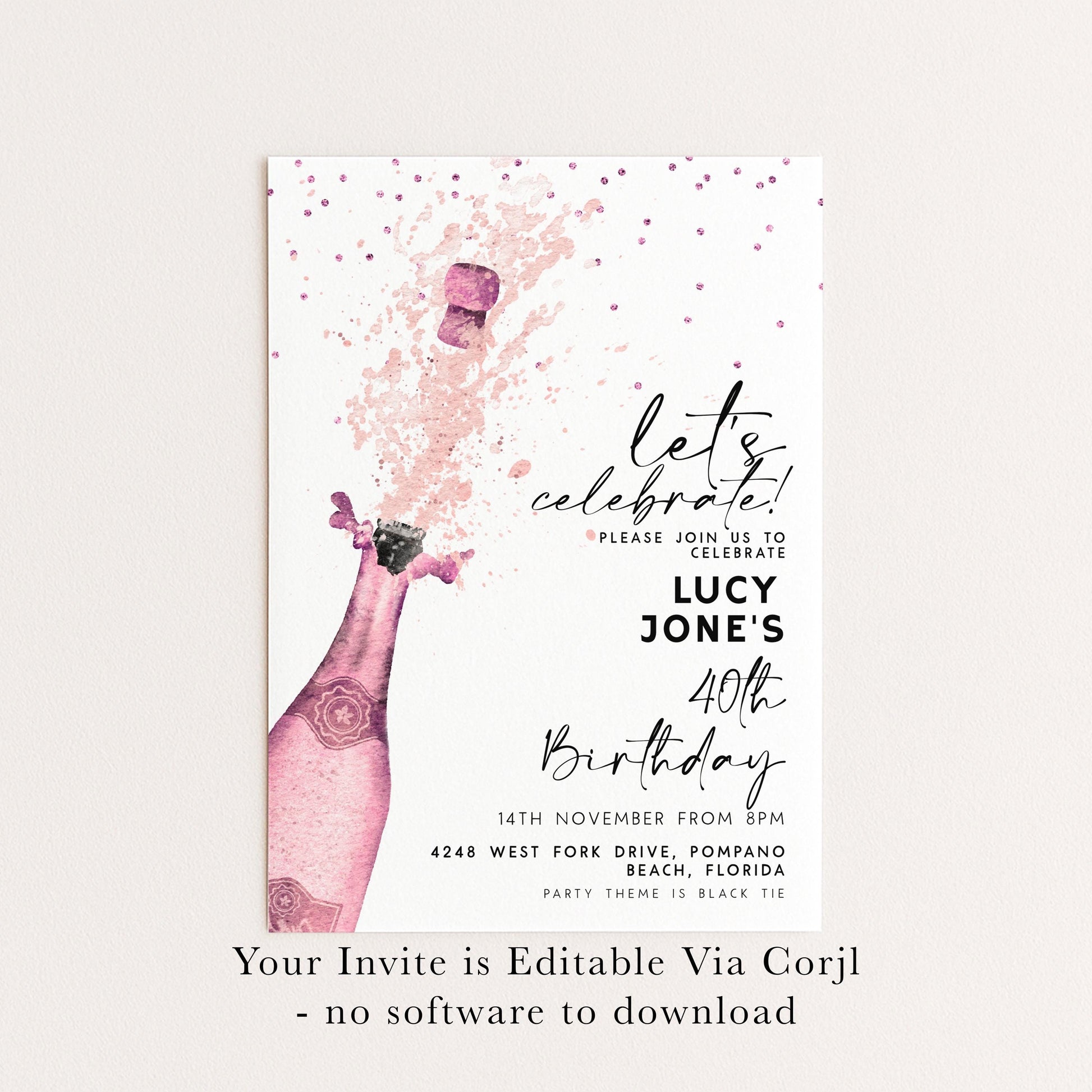 Editable Let's Celebrate Birthday Invitation, Pink Champagne Printable Birthday Invite for Women, Downloadable Party Template CH90