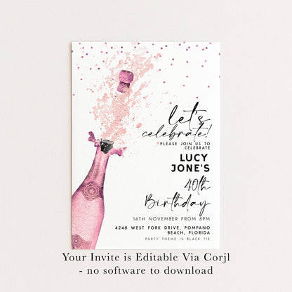 Editable Let's Celebrate Birthday Invitation, Pink Champagne Printable Birthday Invite for Women, Downloadable Party Template CH90