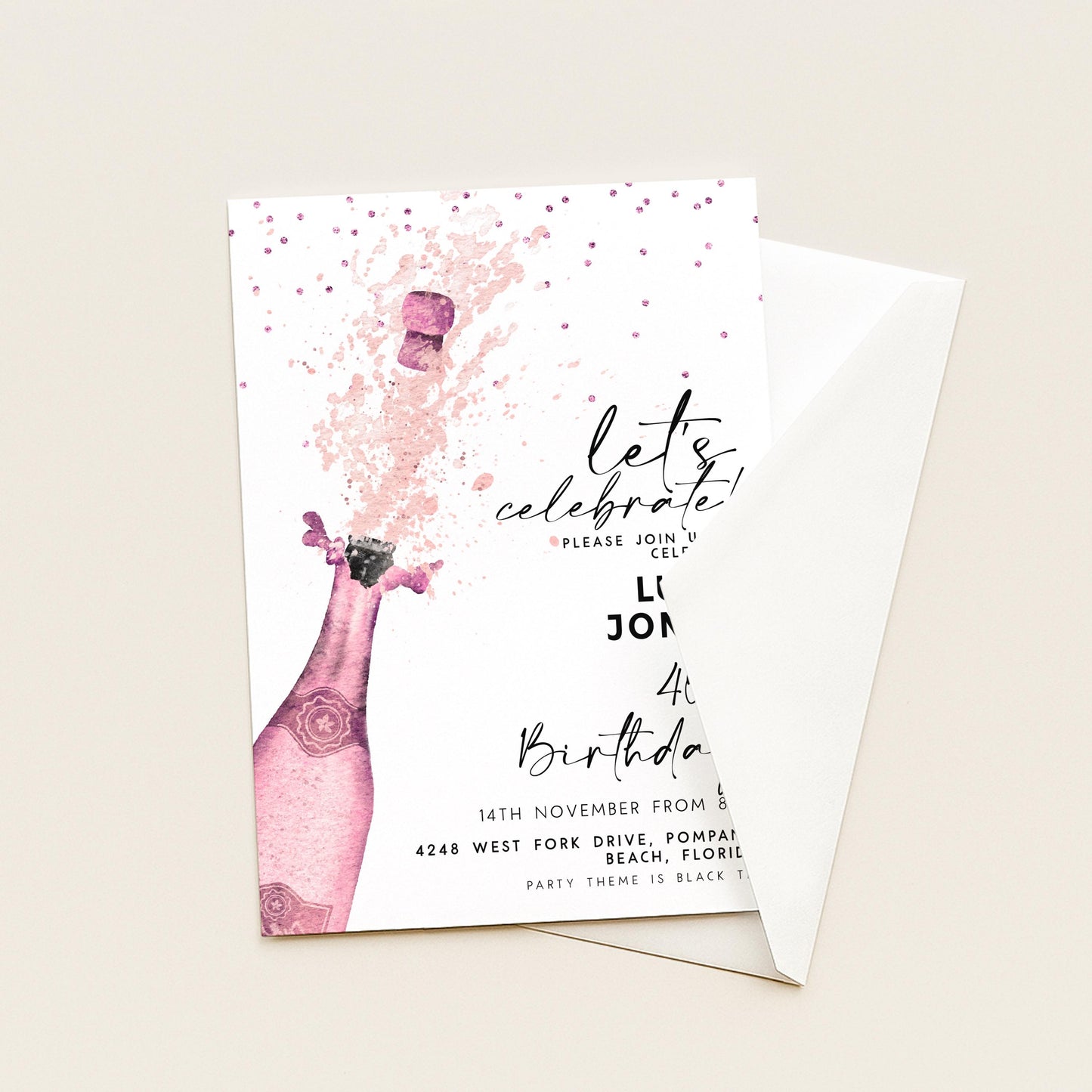 Editable Let's Celebrate Birthday Invitation, Pink Champagne Printable Birthday Invite for Women, Downloadable Party Template CH90