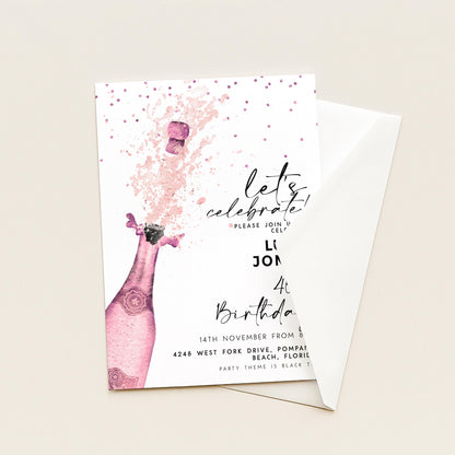Editable Let's Celebrate Birthday Invitation, Pink Champagne Printable Birthday Invite for Women, Downloadable Party Template CH90