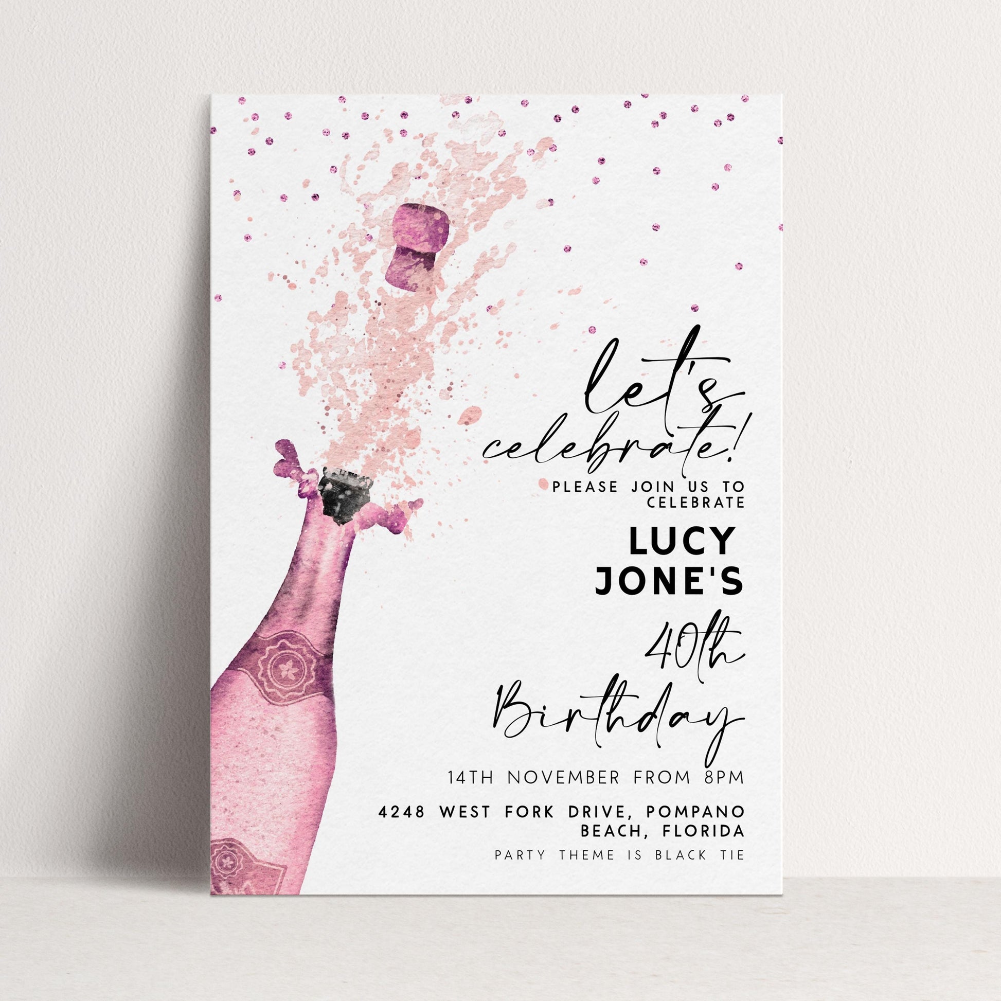 Editable Let's Celebrate Birthday Invitation, Pink Champagne Printable Birthday Invite for Women, Downloadable Party Template CH90