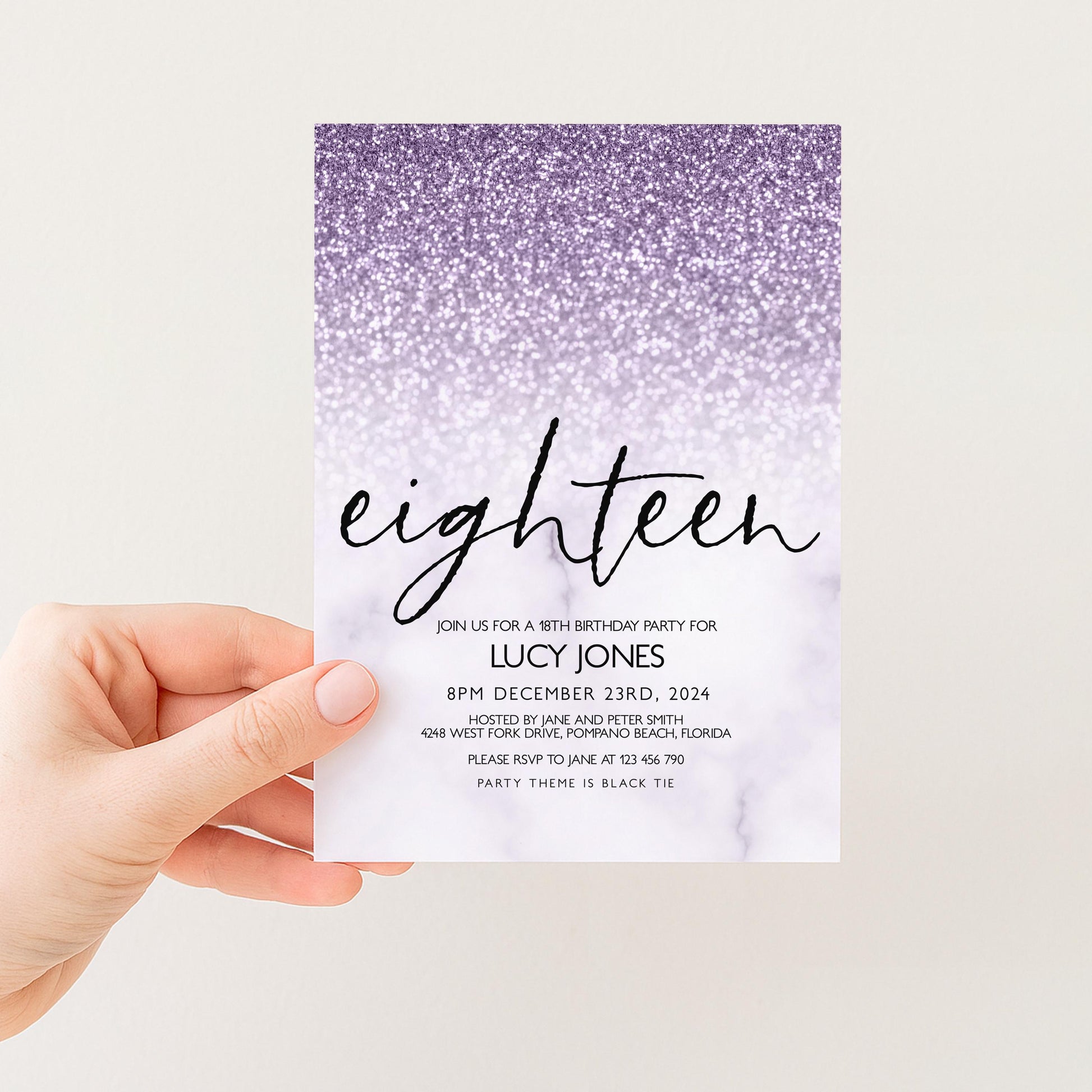 Lilac Glitter Marble 18th Birthday Invitation (Editable Template)