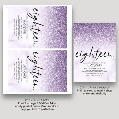 Lilac Glitter Marble 18th Birthday Invitation (Editable Template)