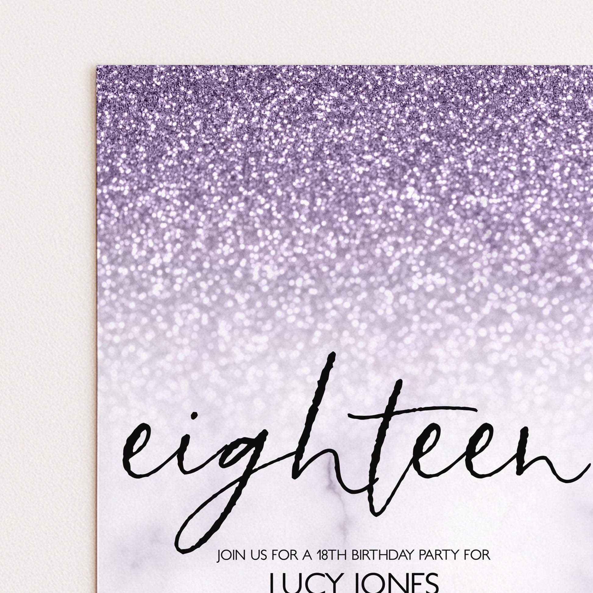 Lilac Glitter Marble 18th Birthday Invitation (Editable Template)