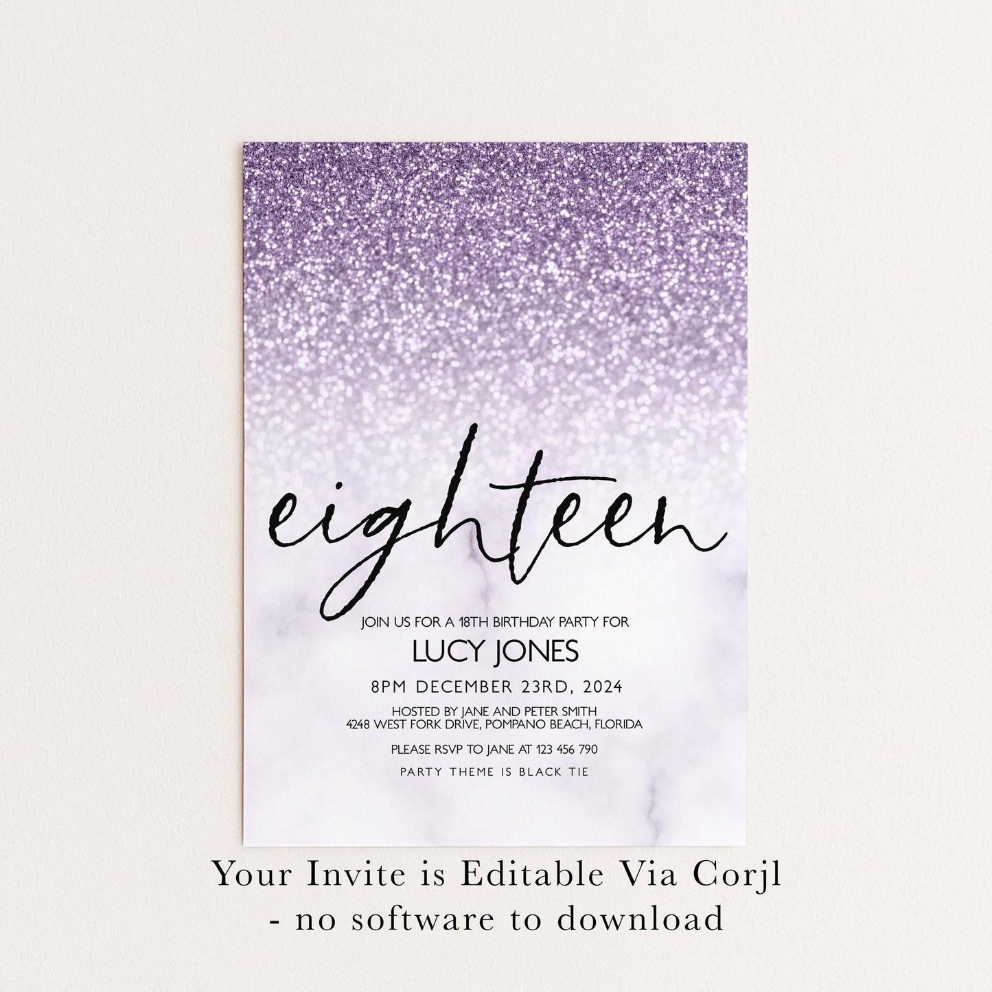 Lilac Glitter Marble 18th Birthday Invitation (Editable Template)