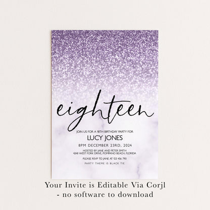 Lilac Glitter Marble 18th Birthday Invitation (Editable Template)
