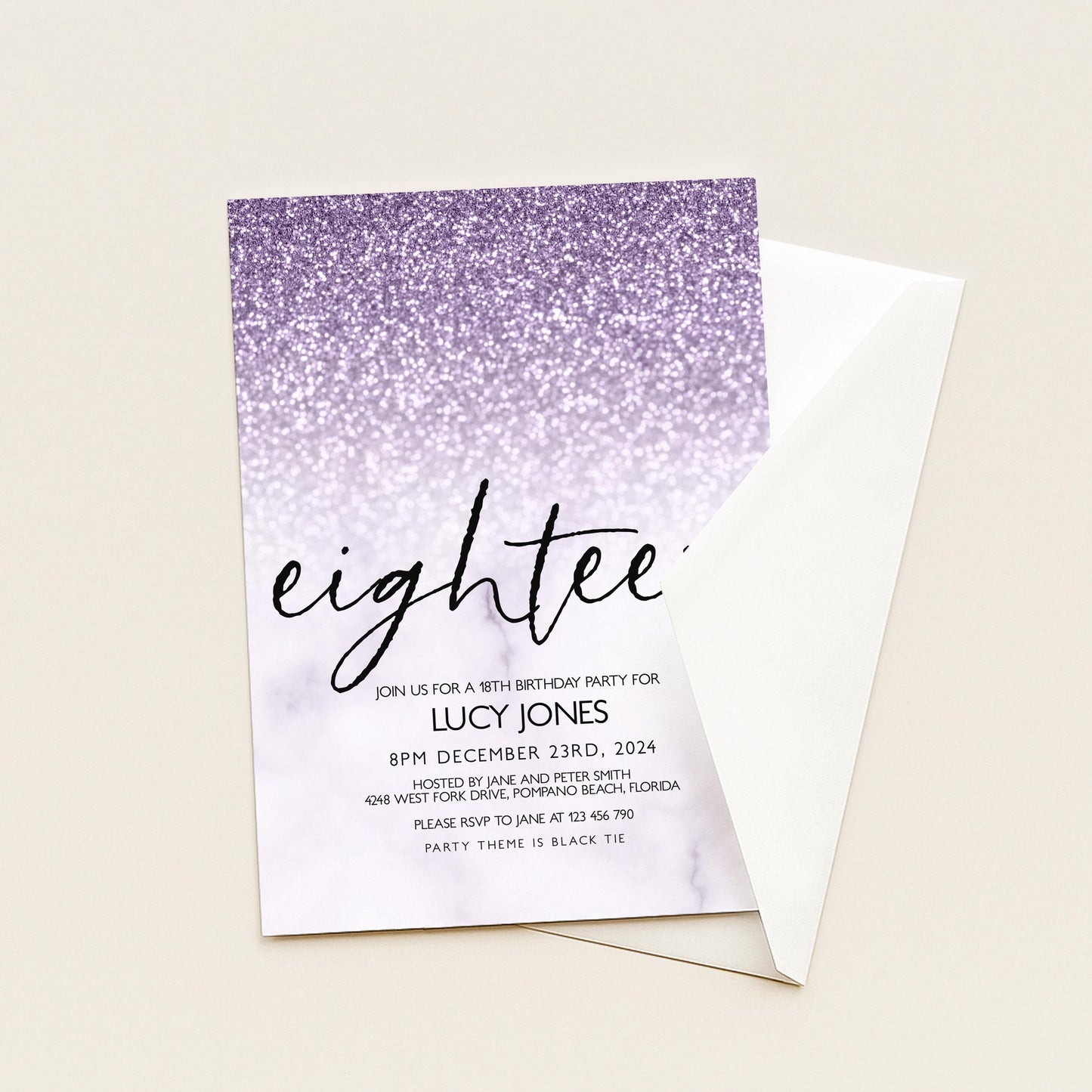 Lilac Glitter Marble 18th Birthday Invitation (Editable Template)