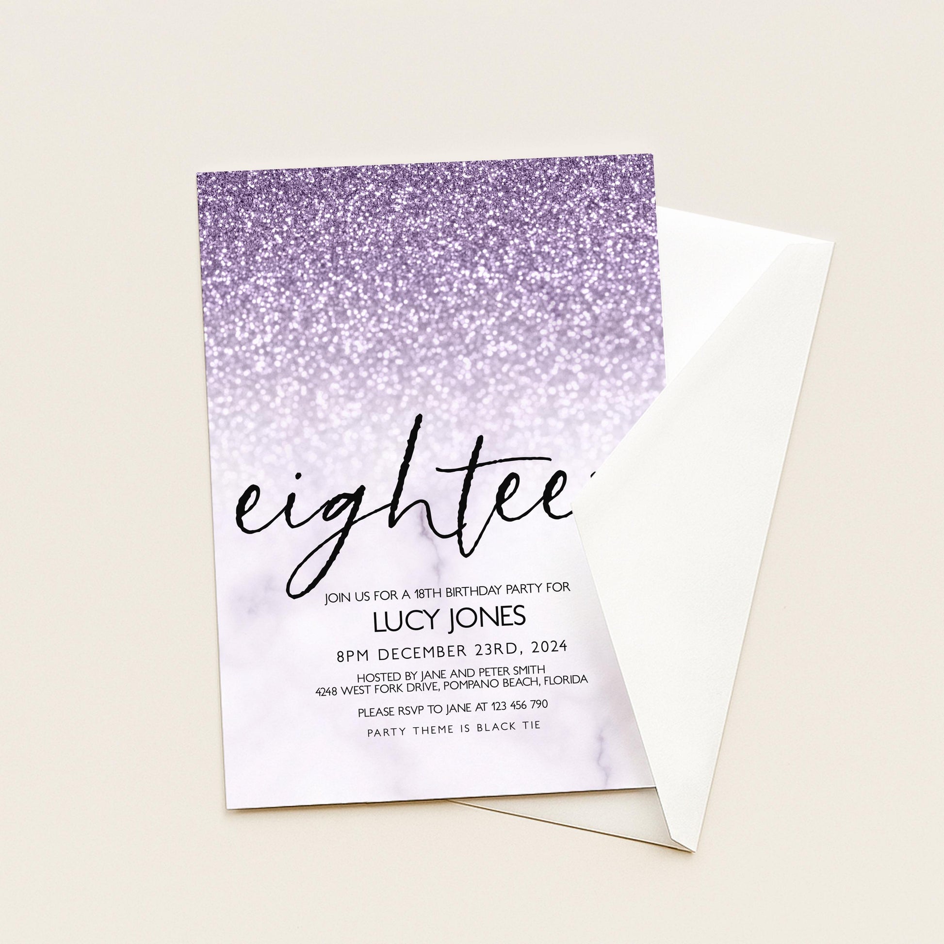 Lilac Glitter Marble 18th Birthday Invitation (Editable Template)